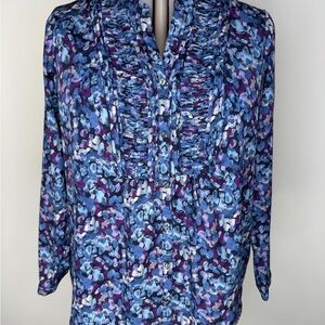 Croft & Barrow Shirt Womens 1X Blue Floral Pleated Henley Long Sleeve Top